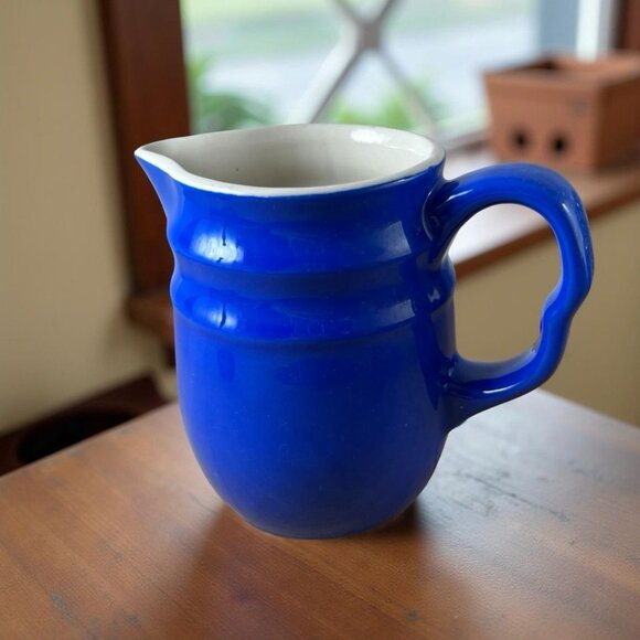 Vintage Oxford Stoneware – Made USA Blue Milk Pitcher Creamer Farmhouse Kitchen - Picture 2 of 8